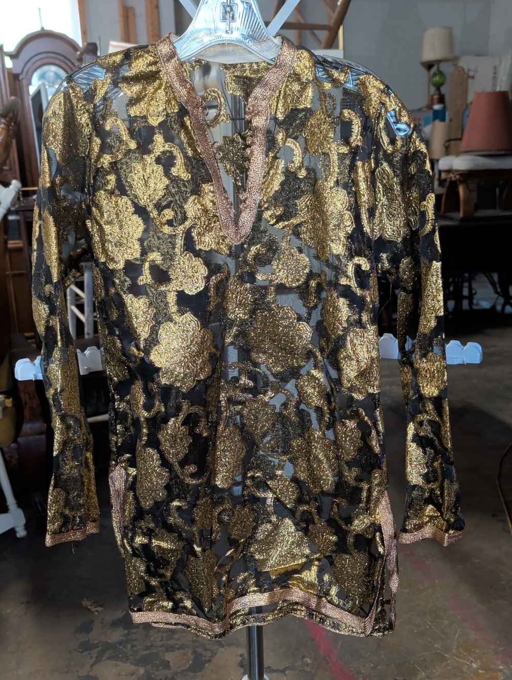 Vintage 60s 70s Metallic Gold Floral Brocade Tunic Blouse